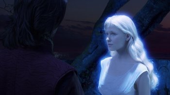 Movie still from “The Chronicles of Narnia: The Voyage of the Dawn Treader” (2010), directed by Michael Apted – A woman in a white dress is looking at a man in a white shirt; Close Up shot, Over the shoulder angle