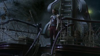 Movie still from “The Chronicles of Narnia: The Voyage of the Dawn Treader” (2010), directed by Michael Apted – A man standing on top of a wooden stair case; Wide shot, Low angle