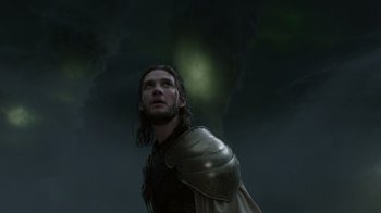 Movie still from “The Chronicles of Narnia: The Voyage of the Dawn Treader” (2010), directed by Michael Apted – A man with a beard wearing a metal armor; Medium shot, Low angle