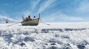 Movie still from “The Chronicles of Narnia: The Voyage of the Dawn Treader” (2010), directed by Michael Apted – A group of people in a boat on a body of water; Extreme Wide shot, High angle