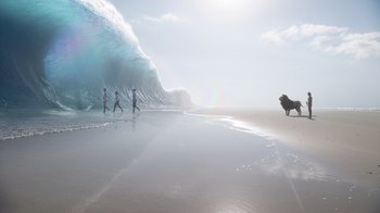 Movie still from “The Chronicles of Narnia: The Voyage of the Dawn Treader” (2010), directed by Michael Apted – A group of people walking on the beach near a wave; Extreme Wide shot, Over the shoulder angle