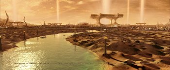 Movie still from “The Chronicles of Riddick” (2004), directed by David Twohy – An artist's rendering of a city on a desert island; Extreme Wide shot, High angle
