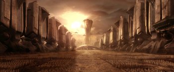 Movie still from “The Chronicles of Riddick” (2004), directed by David Twohy – An image of an alien city with a tower in the background; Extreme Wide shot, High angle