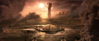 Movie still from “The Chronicles of Riddick” (2004), directed by David Twohy – An image of a fountain in the middle of the desert; Extreme Wide shot, High angle