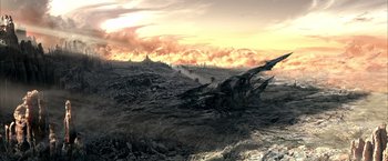 Movie still from “The Chronicles of Riddick” (2004), directed by David Twohy – An image of an alien landscape with a sunset in the background; Extreme Wide shot, High angle