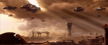 Movie still from “The Chronicles of Riddick” (2004), directed by David Twohy – An image of an alien invasion with a lot of vehicles; Extreme Wide shot, High angle