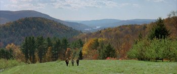 Movie still from “The Cider House Rules” (1999), directed by Lasse Hallström – Three horses are standing in a grassy field with trees in the background; Extreme Wide shot, High angle