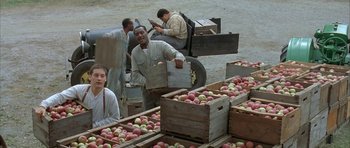 Movie still from “The Cider House Rules” (1999), directed by Lasse Hallström – A group of people standing around boxes of apples; Medium shot, High angle
