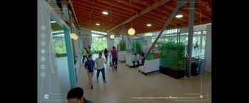 Movie still from “The Circle” (2017), directed by James Ponsoldt – A group of people walking around a room; Extreme Wide shot, High angle