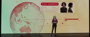 Movie still from “The Circle” (2017), directed by James Ponsoldt – A woman standing in front of a large screen; Medium shot, High angle