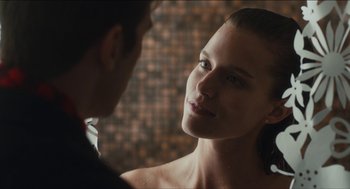Movie still from “The Cobbler” (2014), directed by Tom McCarthy – A man and a woman looking into each others eyes; Close Up shot, Over the shoulder angle