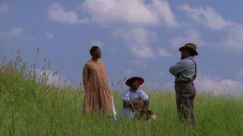 Movie still from “The Color Purple” (1985), directed by Steven Spielberg – A group of people standing in the grass; Extreme Wide shot, Low angle