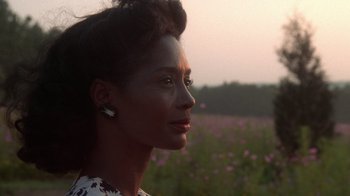 Movie still from “The Color Purple” (1985), directed by Steven Spielberg – A woman in a field of flowers looking to her left; Close Up shot, Low angle