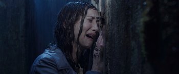Movie still from “The Conjuring 2” (2016), directed by James Wan – A woman is crying in the rain outside; Close Up shot, Overhead angle