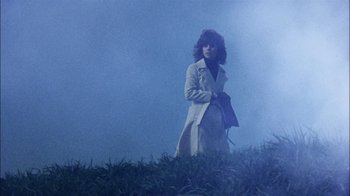 Movie still from “The Conversation” (1974), directed by Francis Ford Coppola – A woman in a trench coat standing on a hill; Wide shot, Low angle