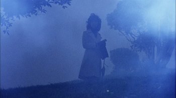 Movie still from “The Conversation” (1974), directed by Francis Ford Coppola – A woman standing in the fog holding a cell phone; Wide shot, Low angle
