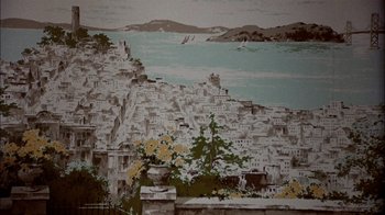 Movie still from “The Conversation” (1974), directed by Francis Ford Coppola – A painting of a city with a body of water in the background; Extreme Wide shot, Overhead angle