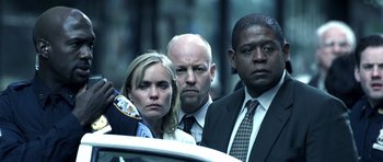 Movie still from “Phone Booth” (2002), directed by Joel Schumacher – A group of people standing next to each other in front of a police car; Medium shot, Low angle