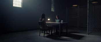 Movie still from “The Curse of La Llorona” (2019), directed by Michael Chaves – Two women sitting at a table in a dark room; Wide shot, Over the shoulder angle