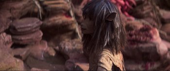 Movie still from “The Dark Crystal” (1982), directed by Frank Oz – A doll with long black hair and a brown face; Close Up shot, High angle