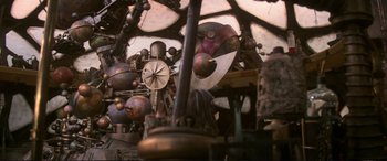 Movie still from “The Dark Crystal” (1982), directed by Frank Oz – A clock is shown next to a bunch of other clocks; Extreme Wide shot, Low angle