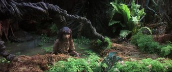 Movie still from “The Dark Crystal” (1982), directed by Frank Oz – An animal that is sitting in the water; Wide shot, High angle