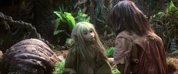 Movie still from “The Dark Crystal” (1982), directed by Frank Oz – A woman in a costume in the woods; Medium shot, High angle
