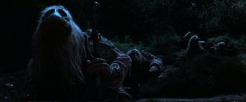 Movie still from “The Dark Crystal” (1982), directed by Frank Oz – An image of an animal that is laying down in the dark; Close Up shot, Low angle
