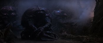 Movie still from “The Dark Crystal” (1982), directed by Frank Oz – A couple of creatures that are sitting in the dirt; Wide shot, High angle