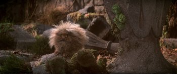 Movie still from “The Dark Crystal” (1982), directed by Frank Oz – A stuffed animal is sitting on a tree stump; Close Up shot, High angle