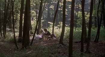 Movie still from “The Day of the Jackal” (1973), directed by Fred Zinnemann – Two people sitting on a blanket in the middle of a forest; Wide shot, High angle