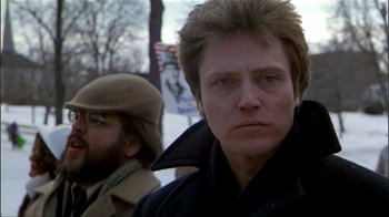 Movie still from “The Dead Zone” (1983), directed by David Cronenberg – A person wearing a jacket; Close Up shot, Low angle