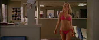 Movie still from “The Dukes of Hazzard” (2005), directed by Jay Chandrasekhar – A woman in a pink bathing suit in a room; Medium shot, Low angle