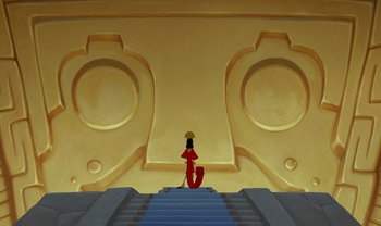Movie still from “The Emperor's New Groove” (2000), directed by Mark Dindal – A person sitting on top of a set of stairs; Extreme Wide shot, Low angle