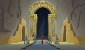 Movie still from “The Emperor's New Groove” (2000), directed by Mark Dindal – A group of people standing in front of an archway; Extreme Wide shot, Low angle