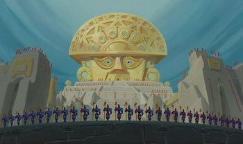 Movie still from “The Emperor's New Groove” (2000), directed by Mark Dindal – A group of people standing in front of a giant statue; Extreme Wide shot, Low angle