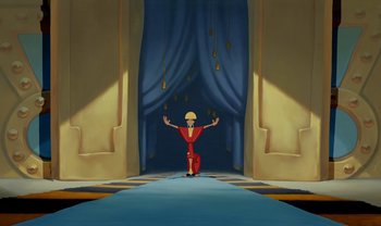 Movie still from “The Emperor's New Groove” (2000), directed by Mark Dindal – An animated scene of a man standing in front of a stage; Wide shot, Low angle