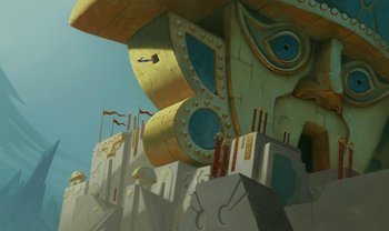 Movie still from “The Emperor's New Groove” (2000), directed by Mark Dindal – An illustration of a building with a giant eye on it's side; Extreme Wide shot, Low angle