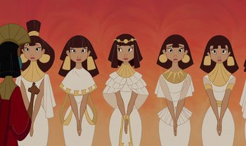 Movie still from “The Emperor's New Groove” (2000), directed by Mark Dindal – A group of women in ancient egyptian clothing; Medium shot, Low angle