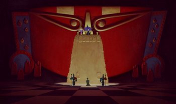 Movie still from “The Emperor's New Groove” (2000), directed by Mark Dindal – A painting of a castle with people standing on it; Extreme Wide shot, Low angle