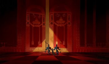 Movie still from “The Emperor's New Groove” (2000), directed by Mark Dindal – A group of people standing in a room with red walls; Extreme Wide shot, Overhead angle