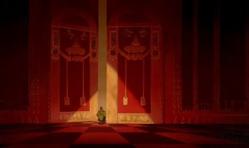 Movie still from “The Emperor's New Groove” (2000), directed by Mark Dindal – A room that has a lot of red walls; Extreme Wide shot, Low angle