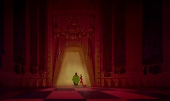 Movie still from “The Emperor's New Groove” (2000), directed by Mark Dindal – A scene from the animated film , the flintstones; Extreme Wide shot, Low angle