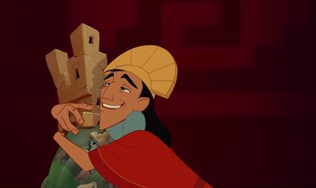 Movie still from “The Emperor's New Groove” (2000), directed by Mark Dindal – A man in a yellow hat is holding a bunch of boxes; Close Up shot, Over the shoulder angle