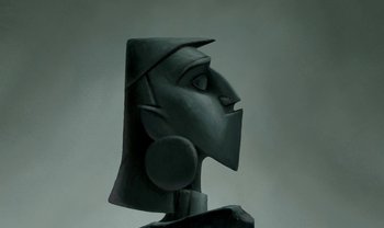 Movie still from “The Emperor's New Groove” (2000), directed by Mark Dindal – A sculpture of a person's face in a gray background; Extreme Close Up shot, Low angle