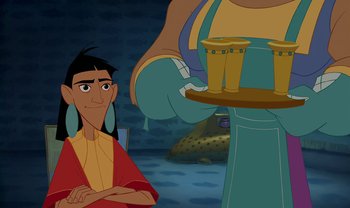 Movie still from “The Emperor's New Groove” (2000), directed by Mark Dindal – A man holding a tray of food in front of a person; Medium shot, Over the shoulder angle