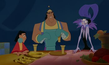 Movie still from “The Emperor's New Groove” (2000), directed by Mark Dindal – A group of people sitting around a table; Medium shot, Over the shoulder angle