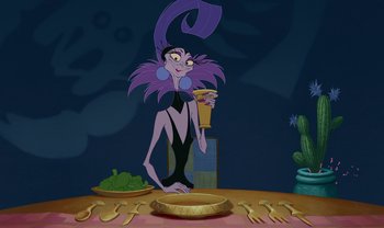 Movie still from “The Emperor's New Groove” (2000), directed by Mark Dindal – A cartoon of ursula the sea witch holding a drink; Medium shot, Over the shoulder angle