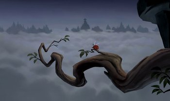 Movie still from “The Emperor's New Groove” (2000), directed by Mark Dindal – An ant on a tree branch in the middle of the sky; Extreme Wide shot, Low angle