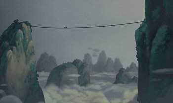 Movie still from “The Emperor's New Groove” (2000), directed by Mark Dindal – An image of a person on a wire in the sky; Extreme Wide shot, Low angle